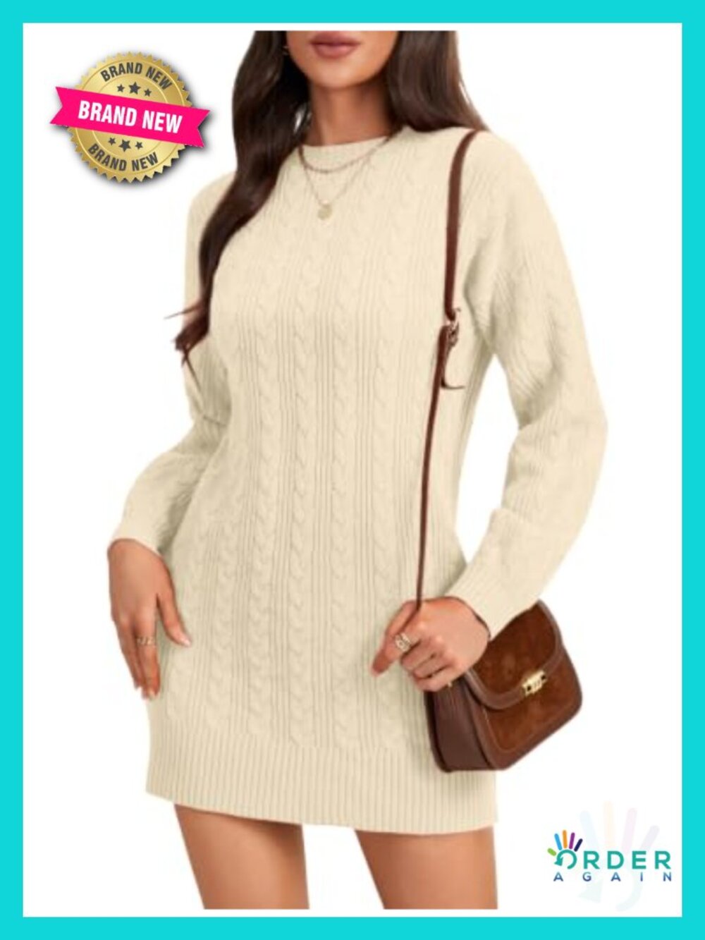 Cable Knit Mini Sweater Dress Crewneck Drop Shoulder Ribbed Long Sleeve Casual